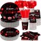 350 Pcs Happy Birthday Party Supplies Disposable Party Tableware Set Serves 50 Included Plates Napkins Cups Cutlery for Men Woman 50th 80th Birthday Party Decorations (Black Red)